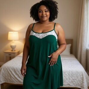 Ekouaer Green Pajama Gown w/White Lace NWT XXL.